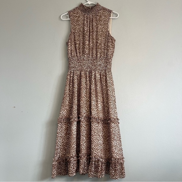 1. STATE sleeveless animal print smock neck tiered midi dress Waistband Sz M - Picture 2 of 15